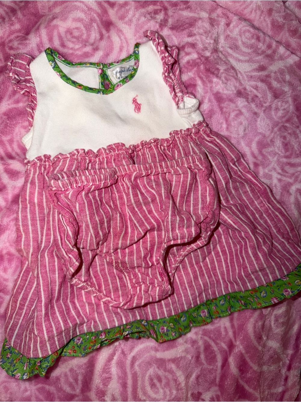 Ralph Lauren Pink & White Striped Baby Dress with Green Trim 6 month